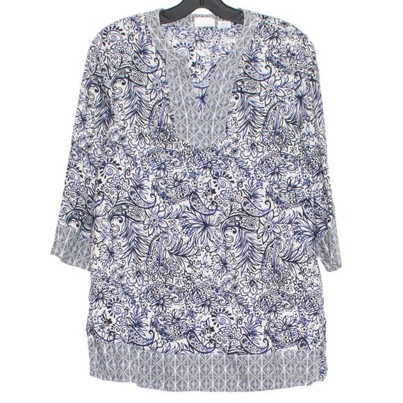 Sigrid Olsen Top Tunic Linen 3/4 Sleeve Boho Coastal Grandma Floral Medium KS - Picture 1 of 5